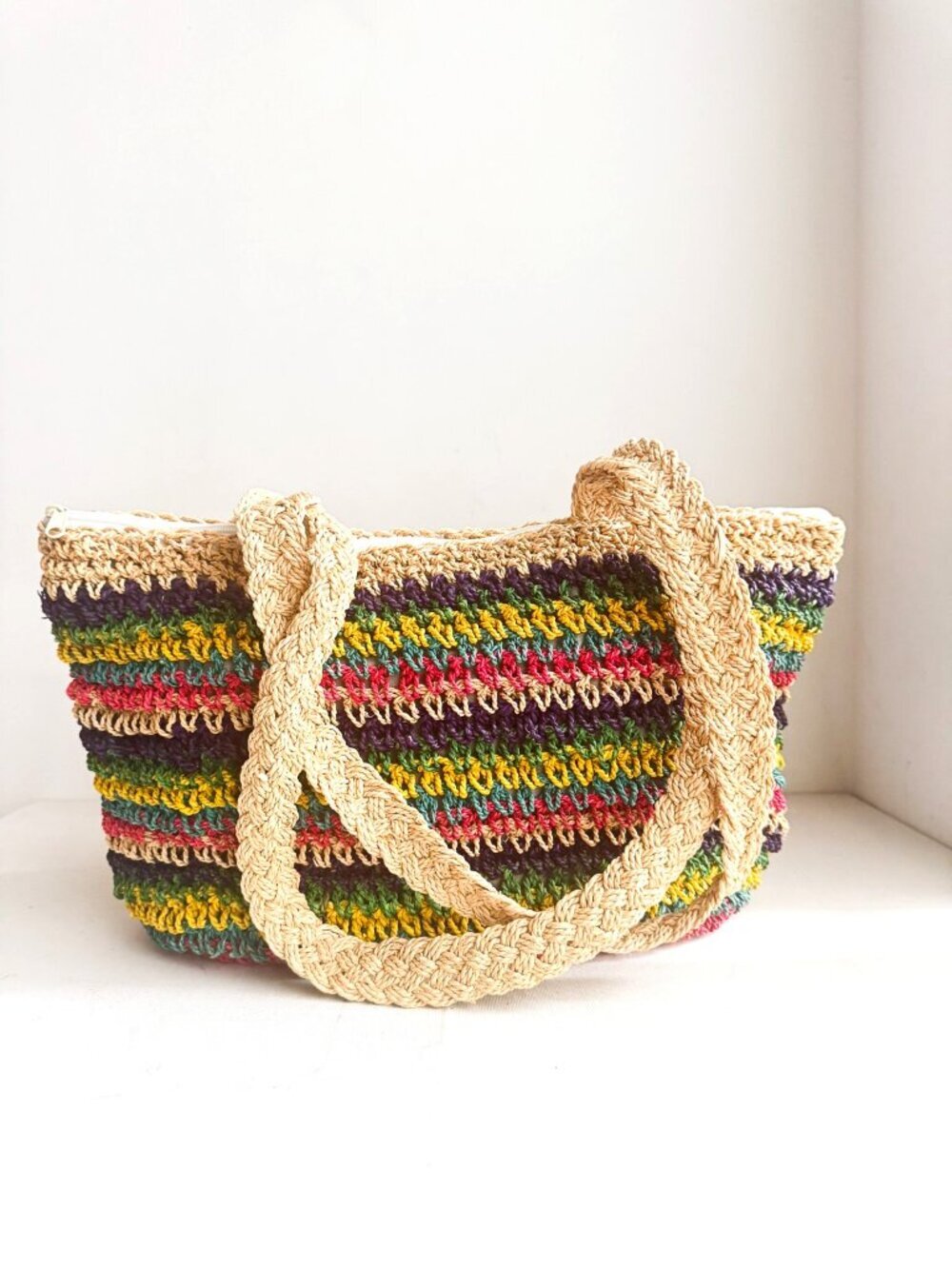 Vintage Sisal Woven Multicolor Basket Bag